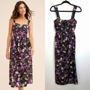 Anthropologie Black Floral Midi Dress with Purple & Pink Blooms
